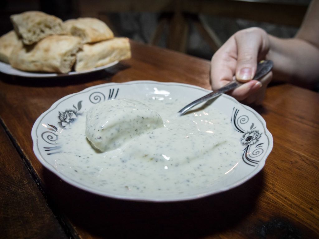 Gebzhalia - Cheese in mint and sour cream sauce (Georgian Food - Megrelebi)