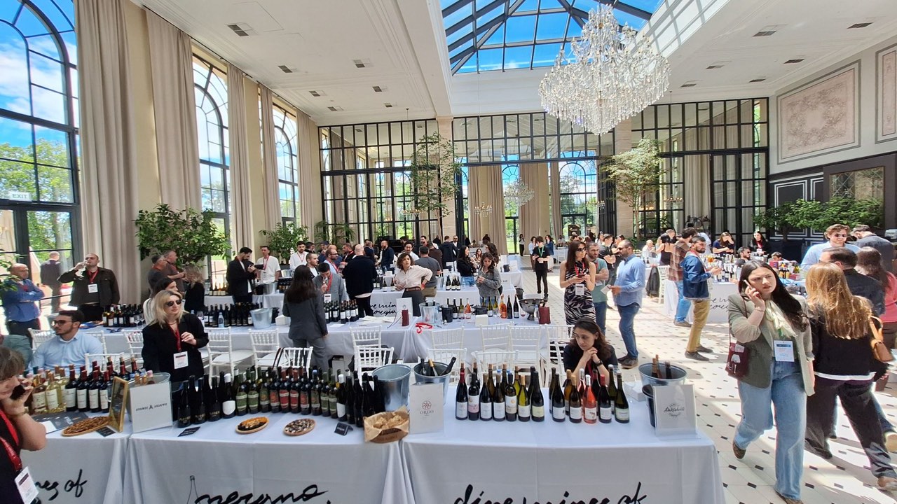 Wine tasting tables in the Orangerie at Chateau Mukhrani, Merano Wine Festival Georgia 2026